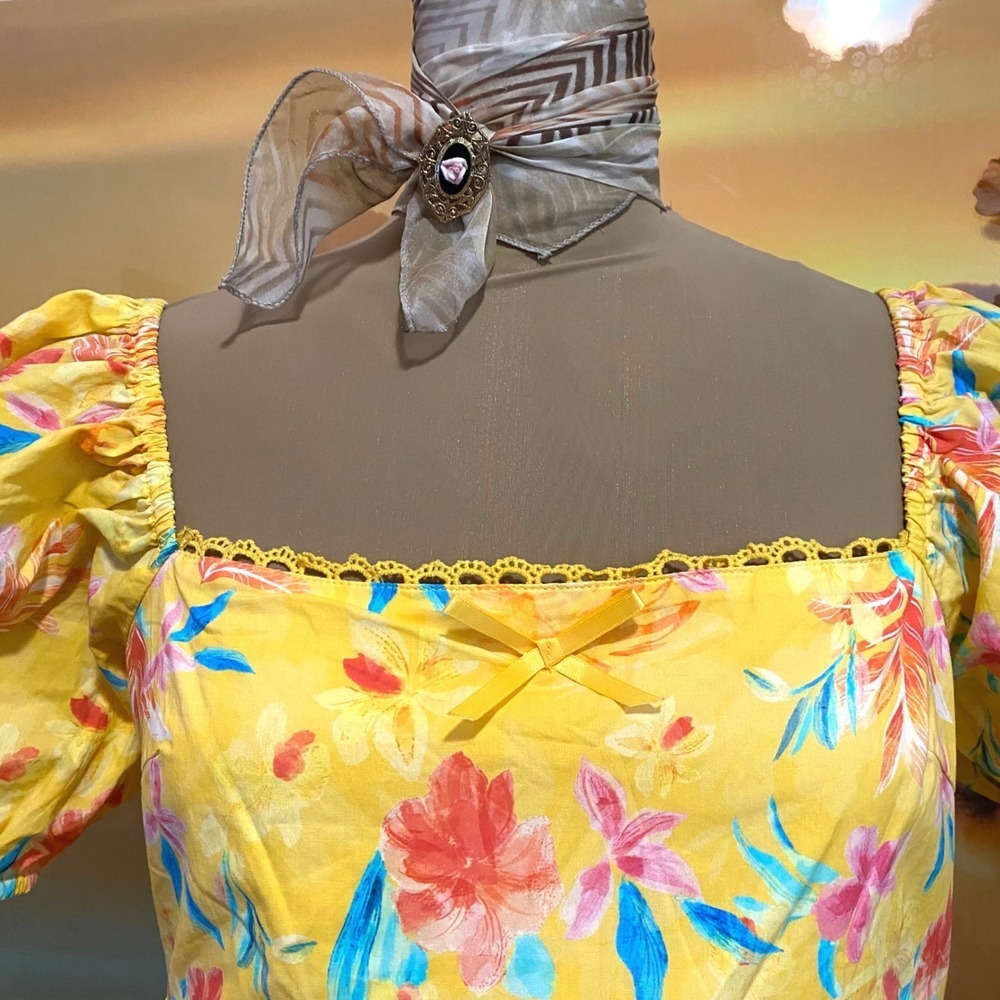 New Umgee Floral Babydoll Top Puff Sleeve Women L Yellow Tropical (Bin 1) - Picture 9 of 9